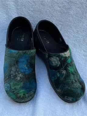 Sanita Green and Blue Floral Velvet Clogs